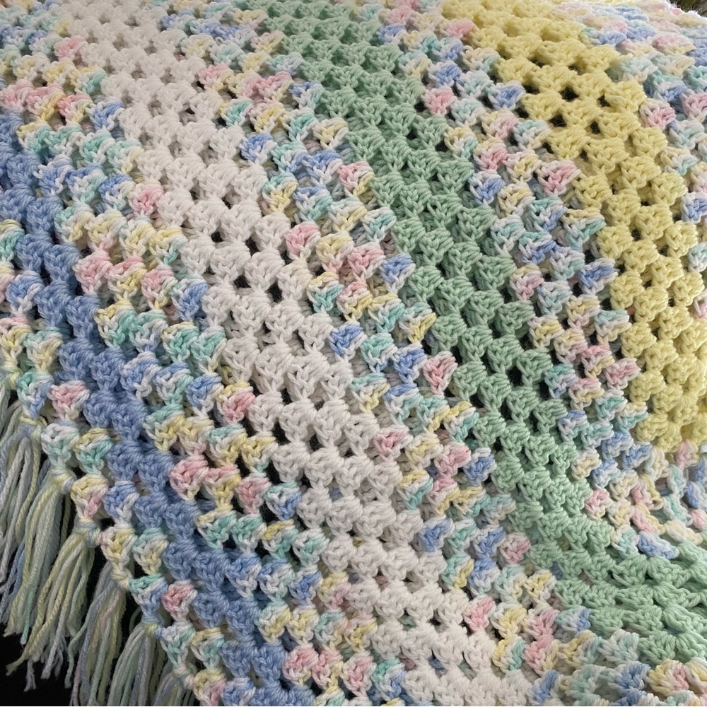 Handmade Granny Square Pastel Crochet Baby Afghan Tassel Blanket